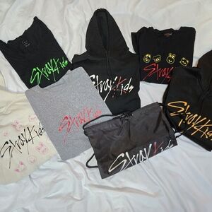 Bundle Of Stray Kids Hoodies, Tops, And Drawstring Bag
